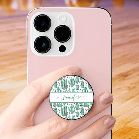 Whimsical Green White Cactus Pattern Monogram Customized Printed Phone Grip Holder Sockets