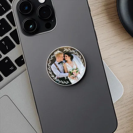 Round Vintage Frame Monogram Photo Customized Printed Phone Grip Holder Sockets