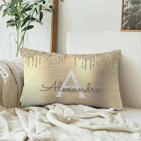 Gold Glitter Brushed Metal Monogram Customized Photo Printed Pillow Cover