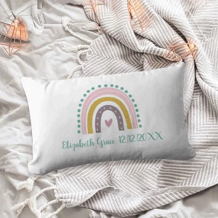 Boho Rainbow Pink Teal Gold Hearts Customized Photo Printed Pillow Cover