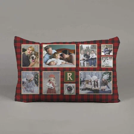 Family Photo Collage Red Buffalo Plaid Monogramme Customized Photo Printed Pillow Cover