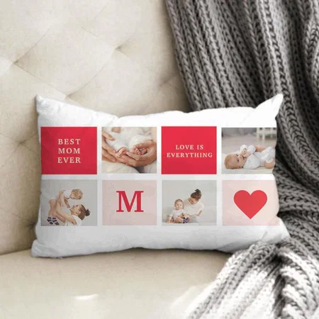 Modern Red & Pink Best Mom Ever Photo Collage Customized Photo Printed Pillow Cover