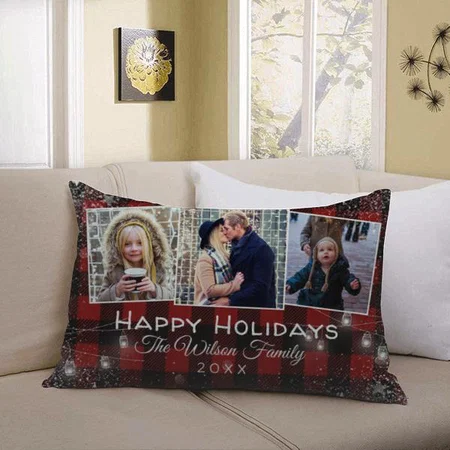 Rustic Buffalo Plaid String Lights Holiday Photo Collage Customized Photo Printed Pillow Cover