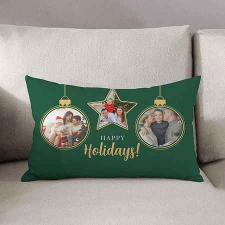 Green Gold Happy Holidays Christmas Family Photos Customized Photo Printed Pillow Cover