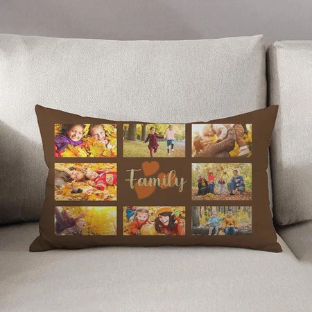 Family 8 Photo Brown Gold Hearts Design Customized Photo Printed Pillow Cover