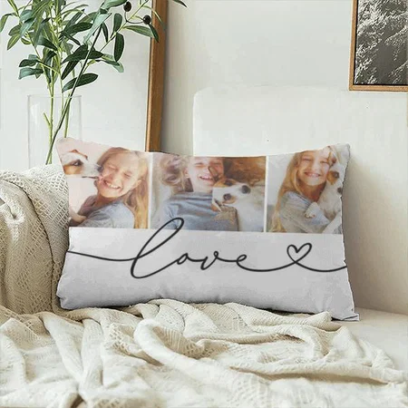 Love in Black Heart Script 3 Photo Collage Customized Photo Printed Pillow Cover