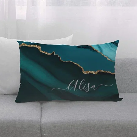 Teal Aqua Blue Green Geode Gold Monogram Customized Photo Printed Pillow Cover