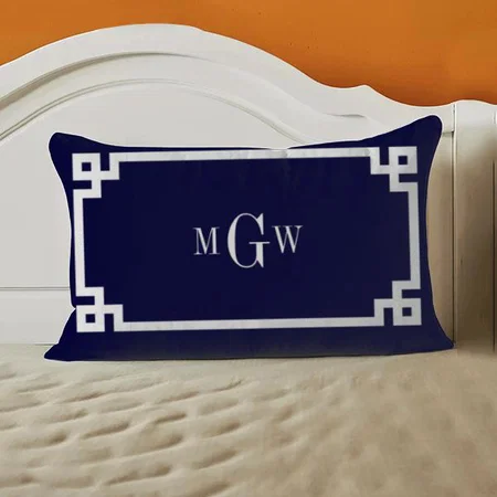 Navy Blue Greek Key Framed Monogram Customized Photo Printed Pillow Cover