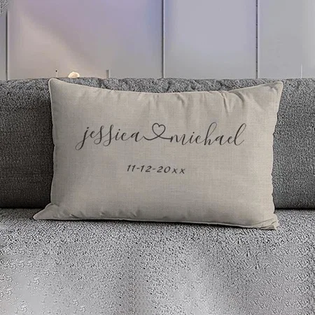 Rustic Cursive Script Heart Names Wedding Date Tan Customized Photo Printed Pillow Cover