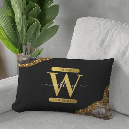 Black & Gold Agate Geode Glitter Monogram Customized Photo Printed Pillow Cover