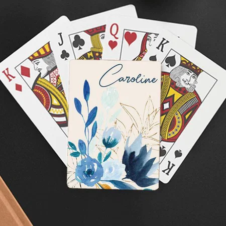 Modern Blue Watercolor Flowers Customized Photo Printed Playing Cards