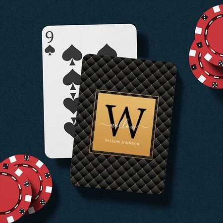 Elegant Black Gold Stylish Monogram Customized Photo Printed Playing Cards