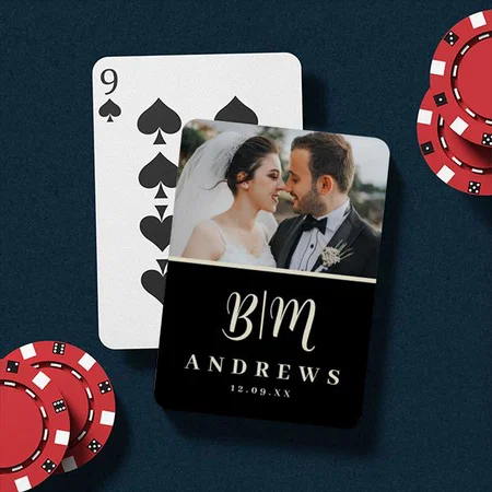 Monogrammed Black Biege Wedding Photo Customized Photo Printed Playing Cards