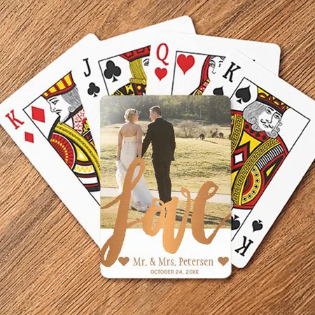 Mr and Mrs Newlyweds Photo and Love Gold Script Customized Photo Printed Playing Cards