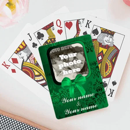 Square Photo Template on Green Damask Customized Photo Printed Playing Cards