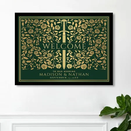 Green Royal Medieval Gold Sword Wedding Customized Photo Printed Horizontal Landscape Poster