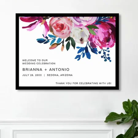 Vibrant Bright Teal Pink Floral Design Customized Photo Printed Horizontal Landscape Poster