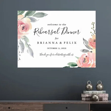 Elegant Blush Pink Floral Design Customized Photo Printed Horizontal Landscape Poster