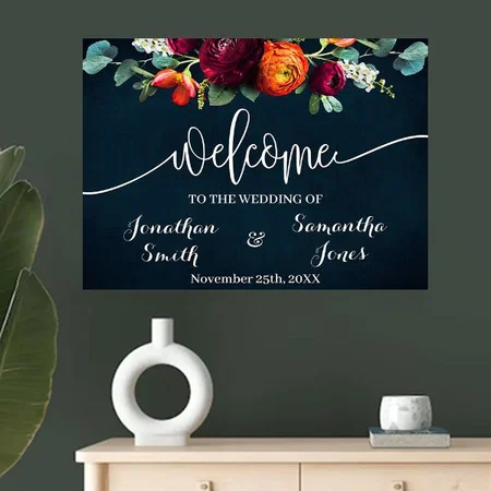 Wedding Welcome Navy Blue Floral Design Customized Photo Printed Horizontal Landscape Poster