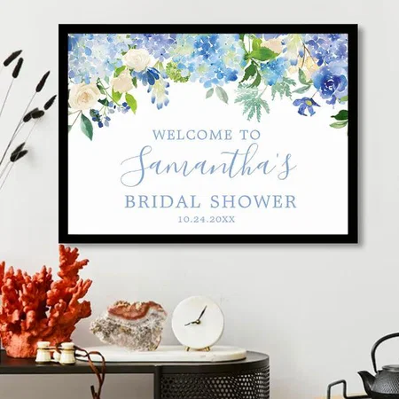 Blue Floral Bridal Shower Design Customized Photo Printed Horizontal Landscape Poster