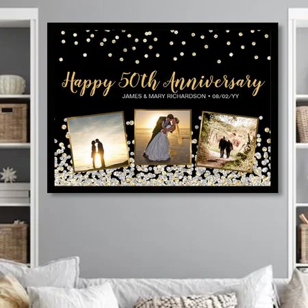 Elegant Photo Collage Silver Gold Anniversary Design Customized Photo Printed Horizontal Landscape Poster