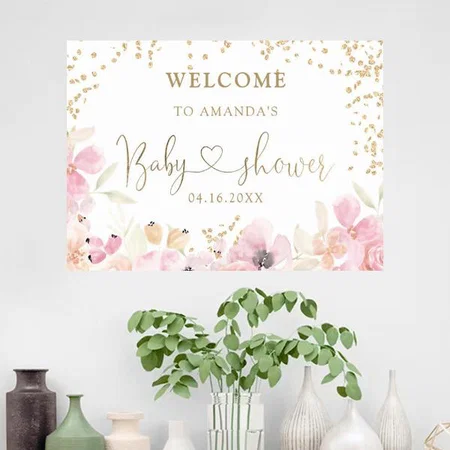 Gold Glitter Floral Watercolor Baby Shower Design Customized Photo Printed Horizontal Landscape Poster