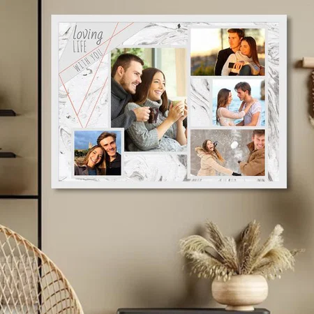 5 Photo Collage Loving Life Grey Marble Design Customized Photo Printed Horizontal Landscape Poster