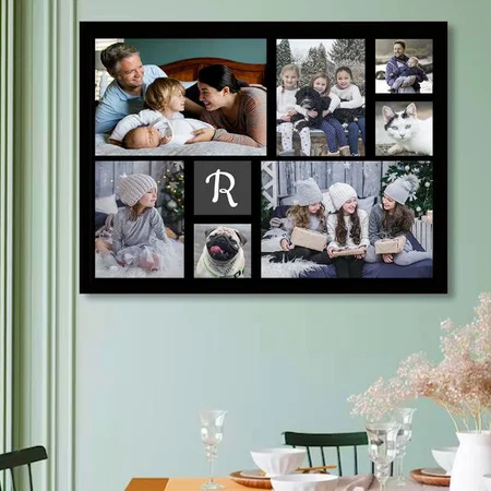 Modern Black Monogrammed 7 Pictures Collage Design Customized Photo Printed Horizontal Landscape Poster