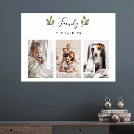Botanical Leaves Three Photo Family Collage Customized Photo Printed Horizontal Landscape Poster