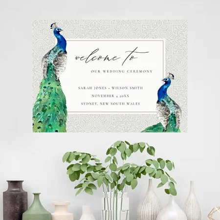 Classy Ornate Watercolor Peacock Monogram Design Customized Photo Printed Horizontal Landscape Poster