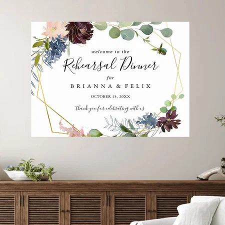 Burgundy Gold Floral Design Customized Photo Printed Horizontal Landscape Poster