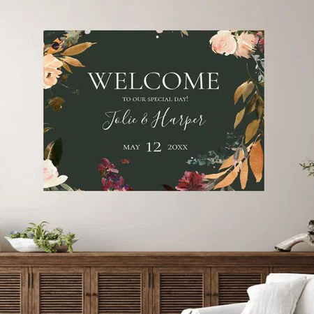 Burgundy Orange & Green Floral Design Customized Photo Printed Horizontal Landscape Poster