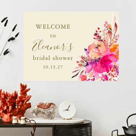 Elegant Hot Pink Floral Bridal Shower Design Customized Photo Printed Horizontal Landscape Poster