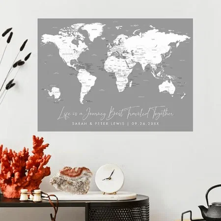 World Map for Couples in Gray Customized Photo Printed Horizontal Landscape Poster