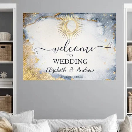 Gold Sun,Moon,Stars Watercolor Design Customized Photo Printed Horizontal Landscape Poster