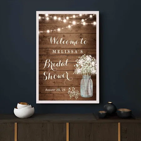 Rustic Brown Wood String Lights Bridal Shower Design Customized Photo Printed Vertical Portrait Poster