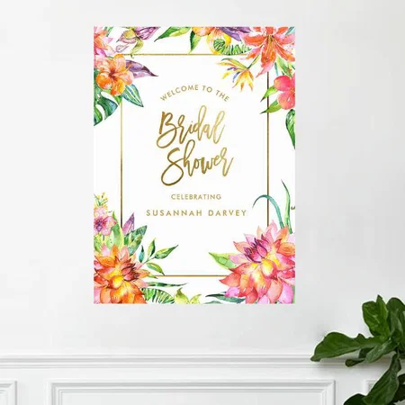 Bridal Shower Watercolor Floral Design Customized Photo Printed Vertical Portrait Poster