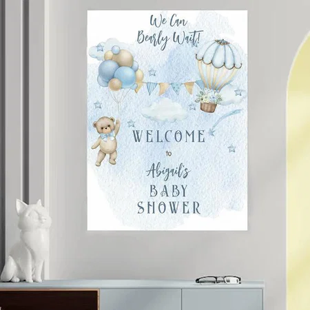 Teddy Bear Balloons Blue White Art Design Customized Photo Printed Vertical Portrait Poster