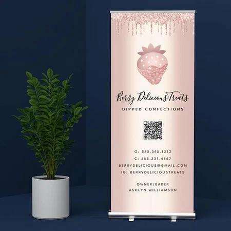 QR Code Strawberry Rose Gold Glitter Design Customized Photo Printed Roll Up Standee Banner