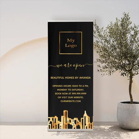 Modern Black Gold Company Logo Design Customized Photo Printed Roll Up Standee Banner