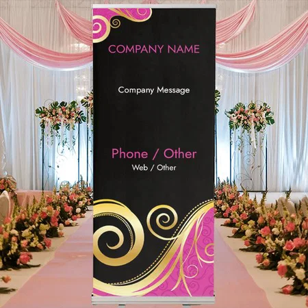 Gold And Pink Swirl Floral Design Customized Photo Printed Roll Up Standee Banner