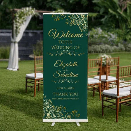 Elegant Green & Gold Floral Pattern Customized Photo Printed Roll Up Standee Banner