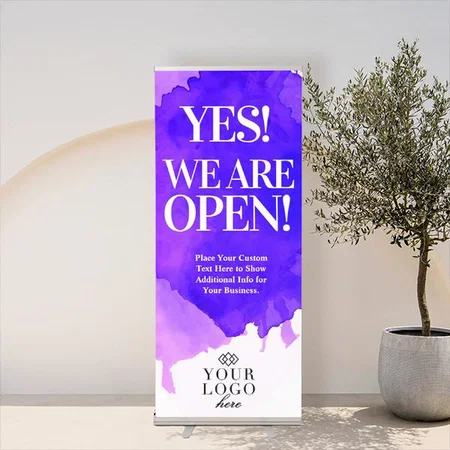 We Are Open Watercolor Purple Customized Photo Printed Roll Up Standee Banner