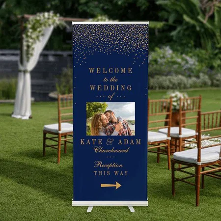 Navy Blue & Glam Gold Customized Photo Printed Roll Up Standee Banner