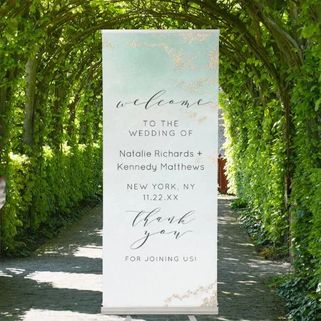 Abstract Aqua Ombre Fade with Frosted Gold Glitter Customized Photo Printed Roll Up Standee Banner