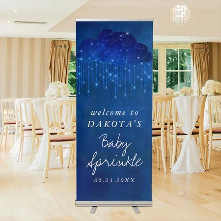 Classic Blue Rain Shower Design Customized Photo Printed Roll Up Standee Banner