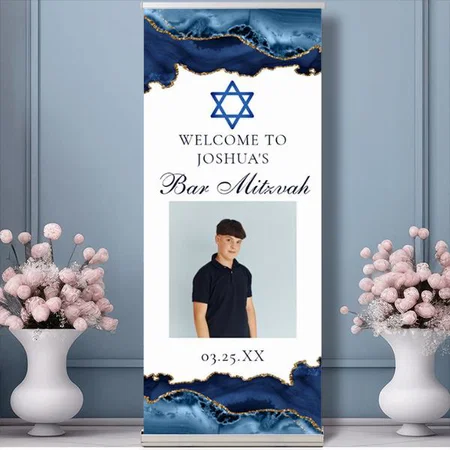 Elegant Navy Blue Gold Customized Photo Printed Roll Up Standee Banner