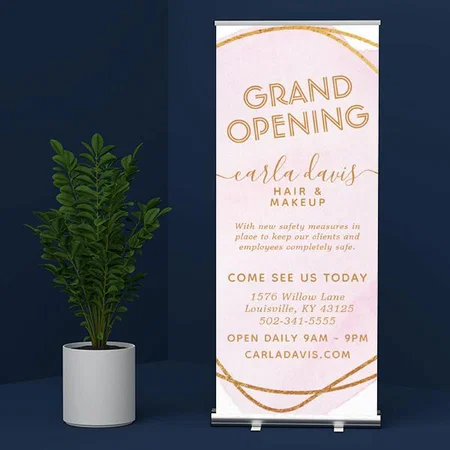 Blush Pink Watercolor Gold Circle Salon Customized Photo Printed Roll Up Standee Banner