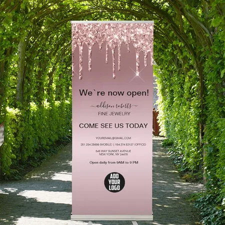Rose Gold Glitter Dripping Business Customized Photo Printed Roll Up Standee Banner