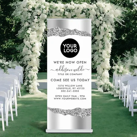 Professional Silver Glitter Diamonds Glam Customized Photo Printed Roll Up Standee Banner